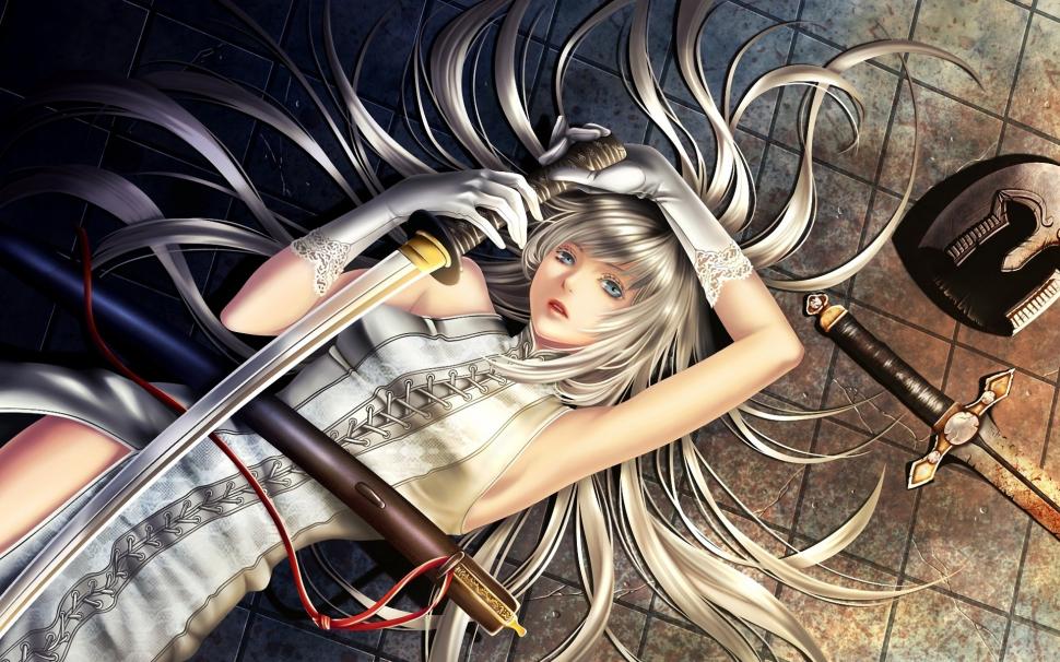 White-haired anime girl lying on the ground, holding a sword wallpaper,White HD wallpaper,Anime HD wallpaper,Girl HD wallpaper,Lying HD wallpaper,Ground HD wallpaper,Holding HD wallpaper,Sword HD wallpaper,1920x1200 wallpaper