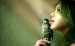Green hair girl with birds wallpaper thumb