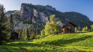 Valais, Switzerland, Alps, mountains, trees, grass, house wallpaper thumb