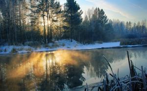 Winter, morning, river, snow, trees, sun rays wallpaper thumb