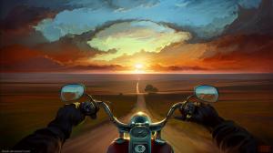 Motorcycle Sunset Drawing Dirt Road HD wallpaper thumb