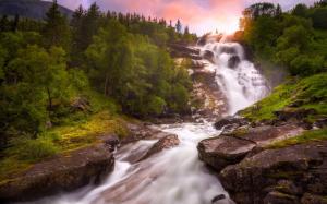Norway, waterfall, river, trees, sunset wallpaper thumb