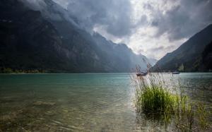 Switzerland, lake, mountains, clouds, boats wallpaper thumb