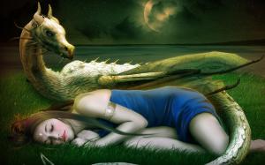 Fantasy art, girl, asleep, dragon wallpaper thumb