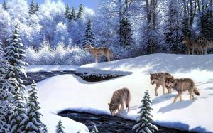 Wolves at the river wallpaper thumb