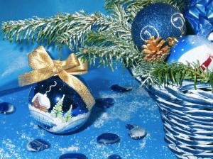 christmas, new year, spheres, dark blue, basket, drawings wallpaper thumb