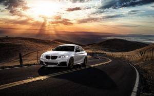 BMW M235i white car, sunset, clouds, road wallpaper thumb