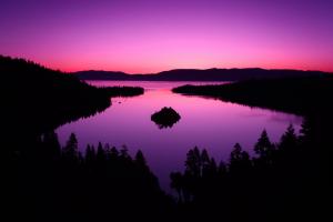 purple sky, photography, landscape, lake, mountains, forest, island wallpaper thumb