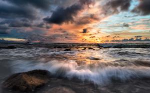 Ocean Shore Sunset Rocks Stones Clouds HD wallpaper thumb