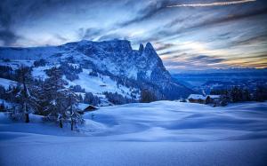 Winter, thick snow, mountains, trees, houses, blue, dawn wallpaper thumb