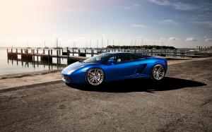 Lamborghini Gallardo blue supercar, dock, boats wallpaper thumb