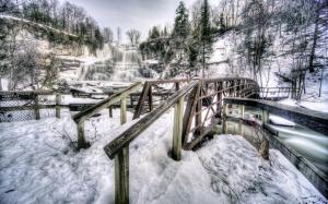 Chittenango Falls State Park, New York, USA, waterfall, winter, snow, bridge wallpaper thumb