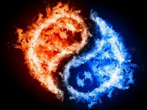 Tai Chi graphic blue and red flames wallpaper thumb