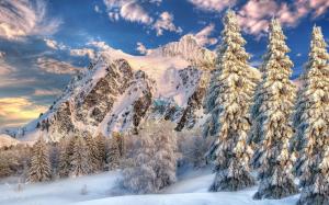 Winter, snow, sky, clouds, mountains, trees, spruce wallpaper thumb