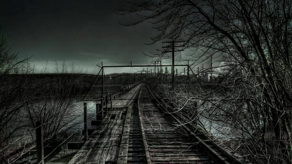 End Of The Line wallpaper,monochrome HD wallpaper,river HD wallpaper,fence HD wallpaper,train tracks HD wallpaper,3d & abstract HD wallpaper,1920x1080 wallpaper