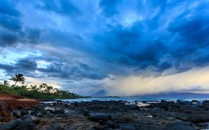 Hawaii, coast, clouds, storm, palm trees, stones, dusk wallpaper thumb