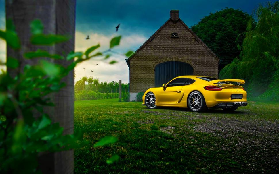 Porsche Cayman GT4 yellow supercar, house, tree, grass wallpaper,Porsche HD wallpaper,Yellow HD wallpaper,Supercar HD wallpaper,House HD wallpaper,Tree HD wallpaper,Grass HD wallpaper,1920x1200 wallpaper