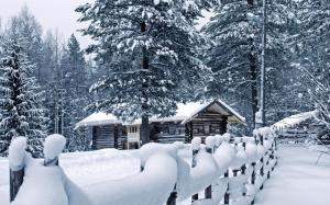 Cabin Trees Forest Snow Winter Fence HD wallpaper thumb