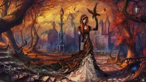 Art fantasy girl, autumn, trees, birds, crows, city, lamp wallpaper thumb