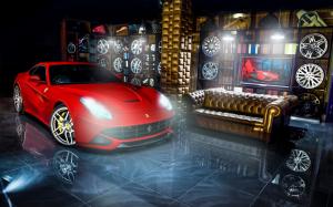 Ferrari F12 red supercar, wheels, indoor wallpaper thumb
