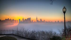 New York Buildings Skyscrapers Fog Mist Sunset HD wallpaper thumb