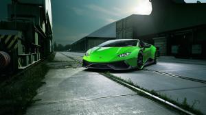 Lamborghini Huracan Spyder green supercar front view, night, city wallpaper thumb
