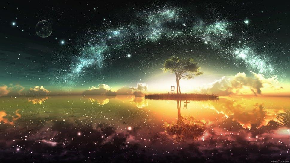 Graphic island under a starry sky wallpaper,star HD wallpaper,graphic HD wallpaper,island HD wallpaper,tree HD wallpaper,chair HD wallpaper,landscape HD wallpaper,1920x1080 wallpaper