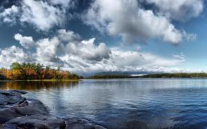 water, smooth surface, lake, trees, autumn, sky, clouds wallpaper thumb