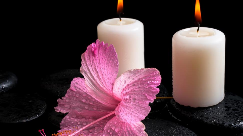 White candles, fire light, hibiscus flower, water drops wallpaper,White HD wallpaper,Candles HD wallpaper,Fire HD wallpaper,Light HD wallpaper,Hibiscus HD wallpaper,Flower HD wallpaper,Water HD wallpaper,Drops HD wallpaper,3840x2160 wallpaper