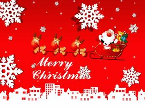 santa claus, sleigh, presents, reindeer, snowflakes, city, christmas wallpaper thumb