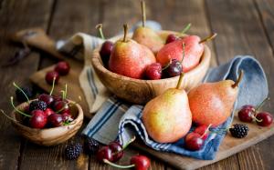 Fruit photography, pears, cherries, blackberries, wooden table wallpaper thumb