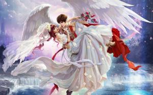 Art painting, bride, boy, wings, waterfall, rose wallpaper thumb