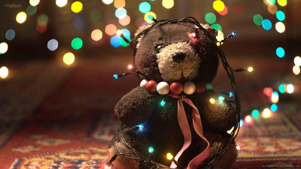 Teddy Bear Christmas wallpaper,lights HD wallpaper,teddy bear HD wallpaper,ribbon HD wallpaper,christmas HD wallpaper,animals HD wallpaper,1920x1080 wallpaper