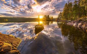 Ringerike, Norway, beautiful sunset, lake, water reflection, boat, trees wallpaper thumb