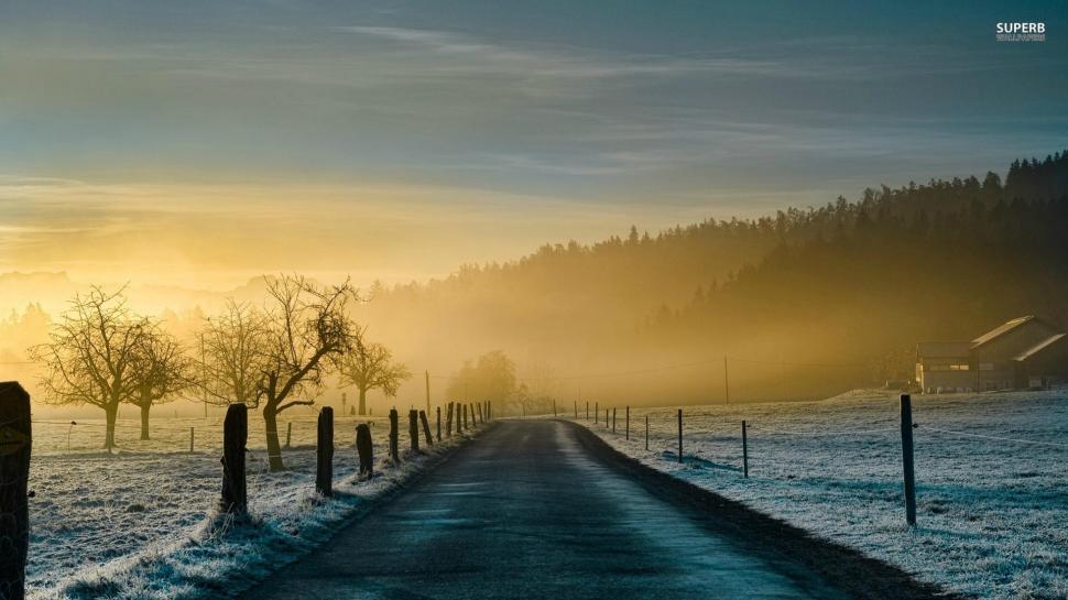 Country Road On A Winter Morning wallpaper,morning HD wallpaper,farm HD wallpaper,road HD wallpaper,mist HD wallpaper,winter HD wallpaper,fence HD wallpaper,nature & landscapes HD wallpaper,1920x1080 wallpaper