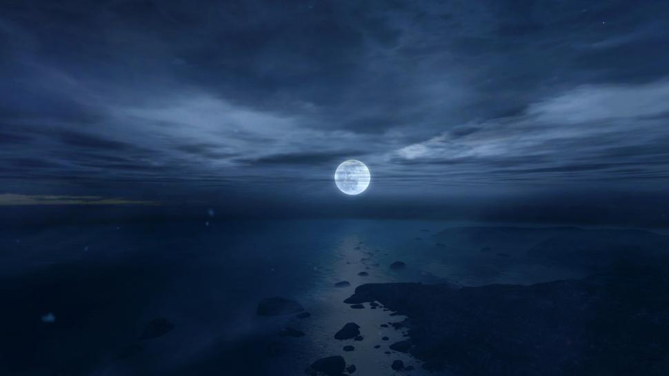 Moon Ocean Night CG Dear Esther HD wallpaper,video games wallpaper,ocean wallpaper,night wallpaper,moon wallpaper,cg wallpaper,dear wallpaper,esther wallpaper,1600x900 wallpaper