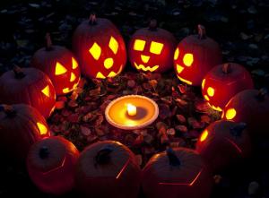 halloween, holiday, pumpkin, circle, candle, leaves wallpaper thumb