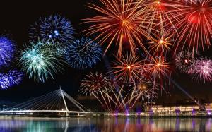 Fireworks, Beautiful, Night, City, River, Bridge wallpaper thumb