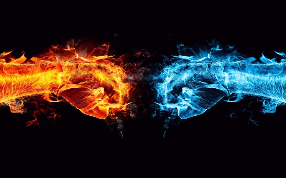 Fire and Ice Conflict wallpaper,fantasy HD wallpaper,background HD wallpaper,black HD wallpaper,orange HD wallpaper,blue HD wallpaper,2560x1600 wallpaper