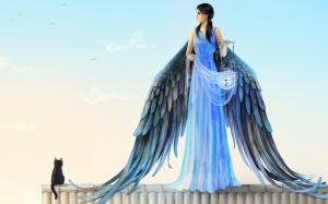Blue dress angel, wings, lantern, cat, Joya Filomena art design wallpaper thumb
