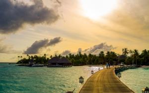 Maldives, tropical, sea, palm trees, boats, bridge, houses wallpaper thumb