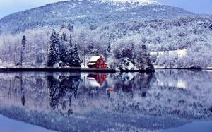 House Lake Reflection Trees Forest Snow Winter HD wallpaper thumb