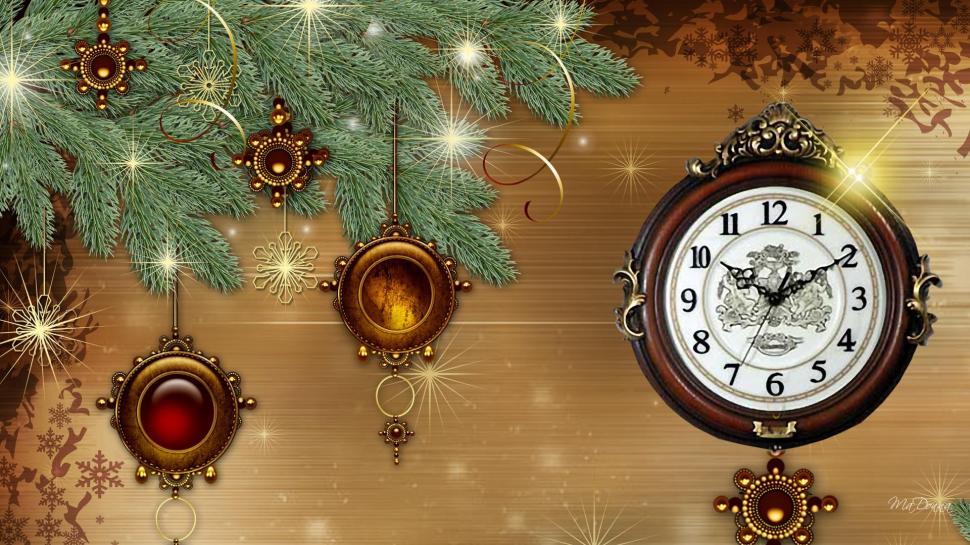 Time For Holiday Cheer wallpaper,decorations HD wallpaper,new year HD wallpaper,clock HD wallpaper,snowlfakes HD wallpaper,christmas HD wallpaper,time HD wallpaper,bronze HD wallpaper,feliz navidad HD wallpaper,spruce HD wallpaper,shine HD wallpaper,1920x1080 wallpaper