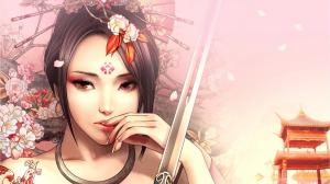 Fantasy asian girl, katana sword, flowers wallpaper thumb