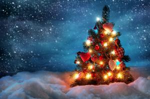 tree, new year, christmas, snow, holiday, night, garland wallpaper thumb