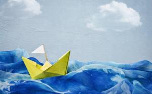 Paper boat on fabric waves wallpaper thumb
