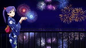 New Year, Japanese girl, City night, Fireworks, kimono wallpaper thumb
