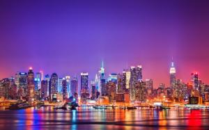 City of New York at night, skyscrapers, buildings, water, lights wallpaper thumb