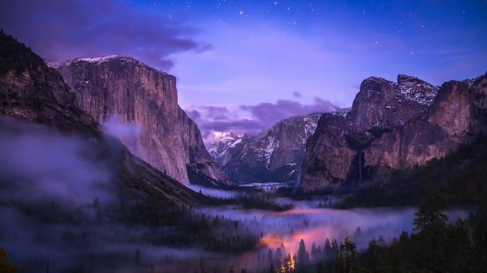 Yosemite National Park, fog, waterfalls, valley, night wallpaper,Yosemite HD wallpaper,National HD wallpaper,Park HD wallpaper,Fog HD wallpaper,Waterfalls HD wallpaper,Valley HD wallpaper,Night HD wallpaper,1920x1080 wallpaper