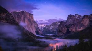 Yosemite National Park, fog, waterfalls, valley, night wallpaper thumb